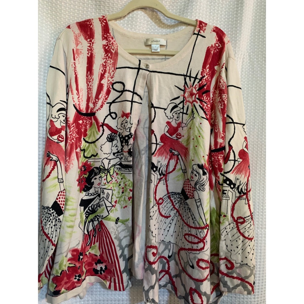 CJ Banks Womens 3X Christmas Cardigan Retro MCM Mid Century Modern Holiday Cream